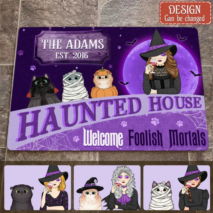 Custom Personalized Witch Cat Doormat - Halloween Gift Idea For Family/ Pet Lover - Upto 7 Cats - Haunted House Welcome Foolish Mortals