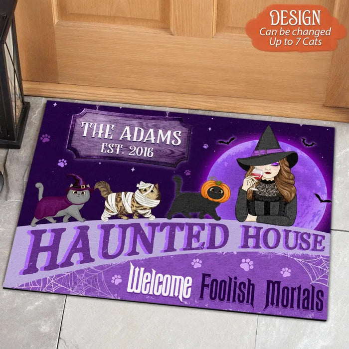 Custom Personalized Witch Cat Doormat - Halloween Gift Idea For Family/ Cat Lover - Upto 6 Cats - Haunted House Welcome Foolish Mortals