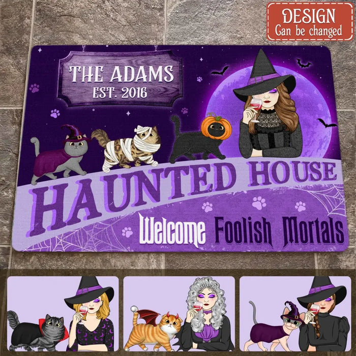 Custom Personalized Witch Cat Doormat - Halloween Gift Idea For Family/ Cat Lover - Upto 6 Cats - Haunted House Welcome Foolish Mortals