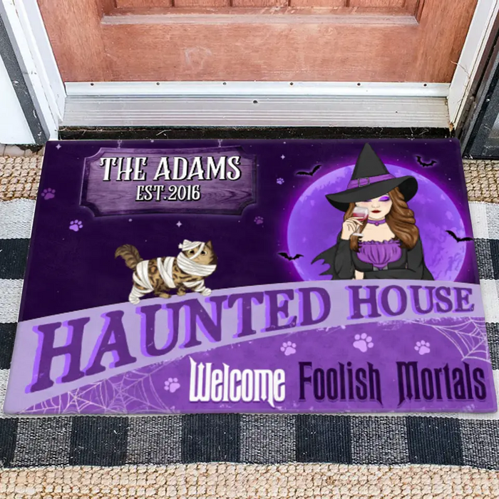 Custom Personalized Witch Cat Doormat - Halloween Gift Idea For Family/ Cat Lover - Upto 6 Cats - Haunted House Welcome Foolish Mortals