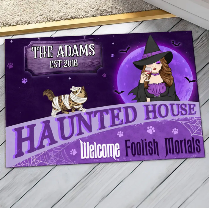 Custom Personalized Witch Cat Doormat - Halloween Gift Idea For Family/ Cat Lover - Upto 6 Cats - Haunted House Welcome Foolish Mortals