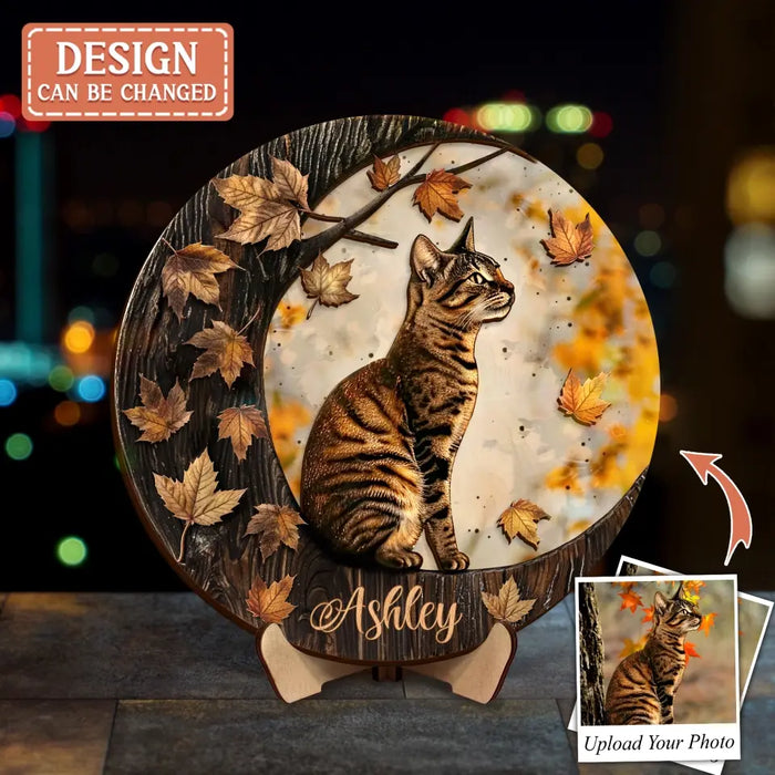 Custom Personalized Cat Moon 2 Layered Wooden Art - Upload Photo - Gift Idea For Cat Lover