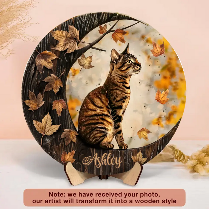 Custom Personalized Cat Moon 2 Layered Wooden Art - Upload Photo - Gift Idea For Cat Lover