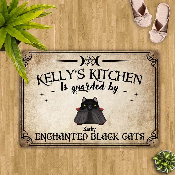 Custom Personalized Cat Doormat - Halloween Gift Idea For Cat Lover - Upto 7 Cats - Witch's Kitchen Is Guarded By Enchanted Black Cats