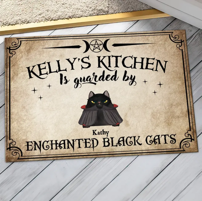 Custom Personalized Cat Doormat - Halloween Gift Idea For Cat Lover - Upto 7 Cats - Witch's Kitchen Is Guarded By Enchanted Black Cats