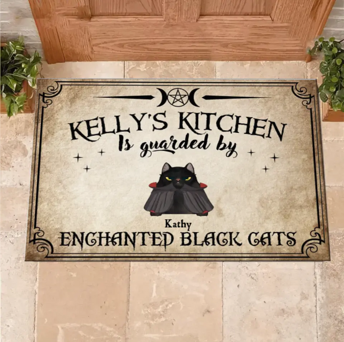 Custom Personalized Cat Doormat - Halloween Gift Idea For Cat Lover - Upto 7 Cats - Witch's Kitchen Is Guarded By Enchanted Black Cats