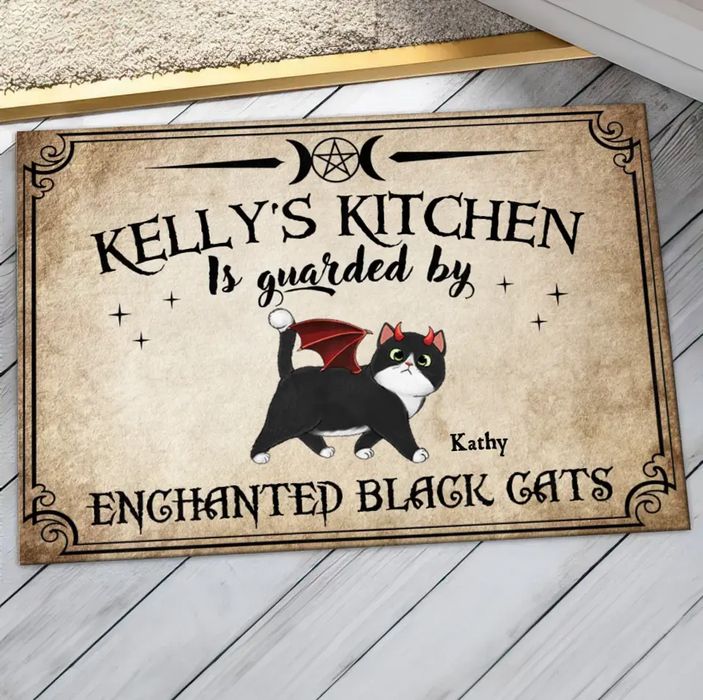 Custom Personalized Cat Doormat - Halloween Gift Idea For Cat Lover - Upto 6 Cats - Witch's Kitchen Is Guarded By Enchanted Black Cats