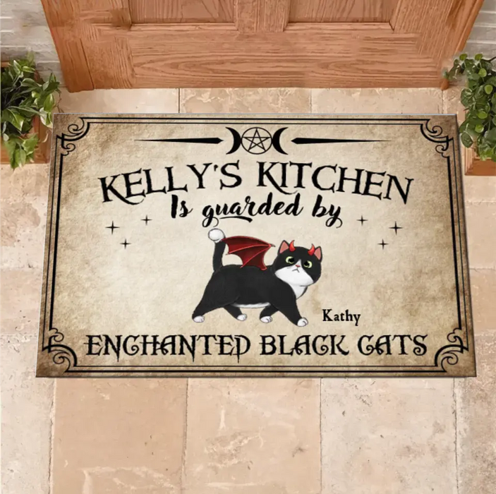 Custom Personalized Cat Doormat - Halloween Gift Idea For Cat Lover - Upto 6 Cats - Witch's Kitchen Is Guarded By Enchanted Black Cats