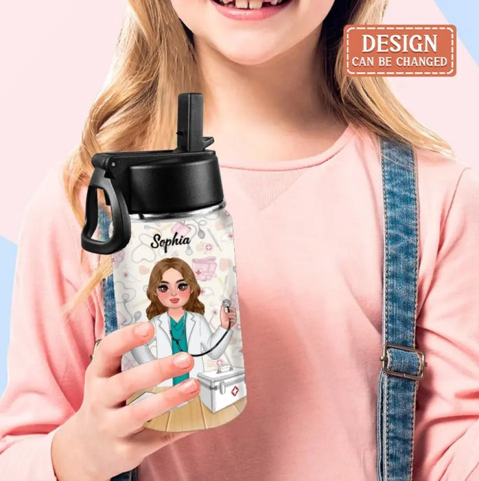 Custom Personalized Doctor Kid Water Bottle With Straw Lid - Gift Idea For Your Kid/ Back To School