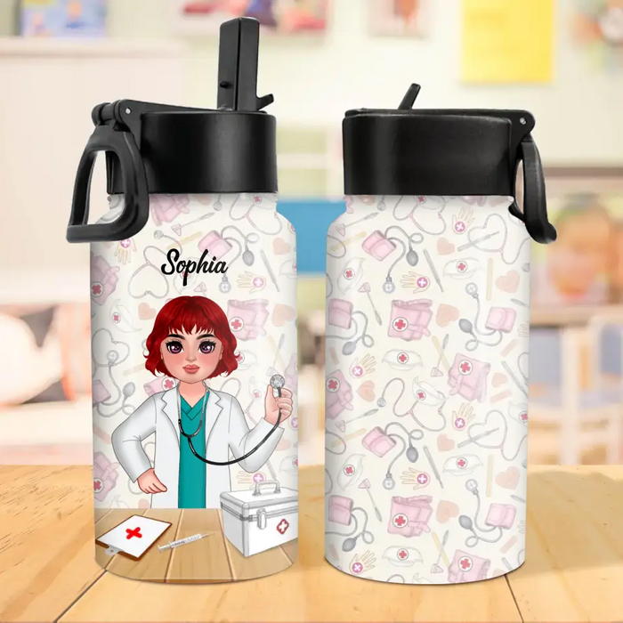 Custom Personalized Doctor Kid Water Bottle With Straw Lid - Gift Idea For Your Kid/ Back To School