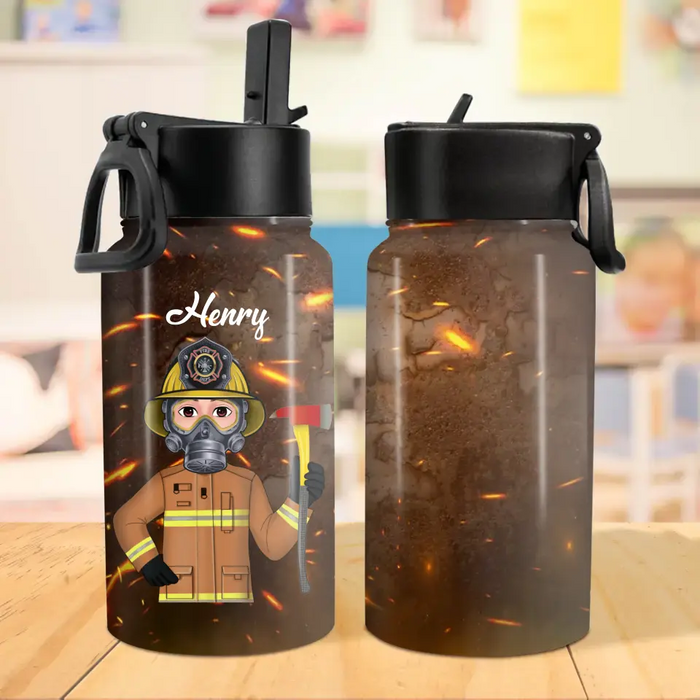 Custom Personalized Firefighter Kid Water Bottle With Straw Lid - Gift Idea For Your Kid/ Back To School