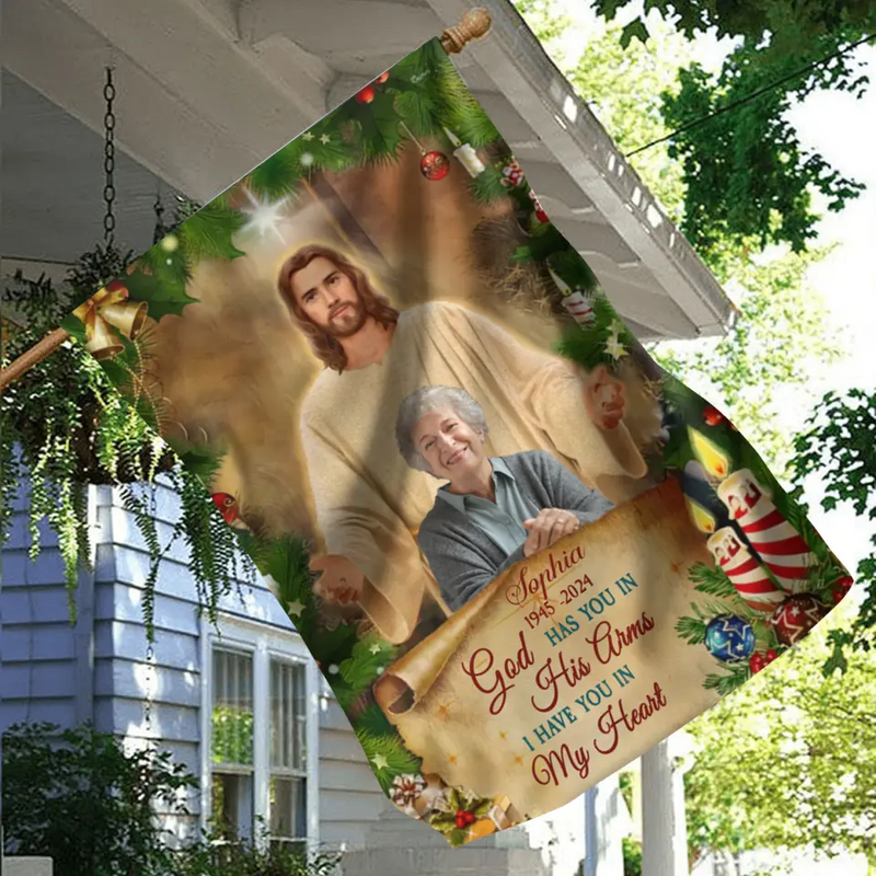 Personalized Welcome Home Memorial Flag Sign - Memorial Gift Idea For Family Members - God Has You In His Arms I Have You In My Heart