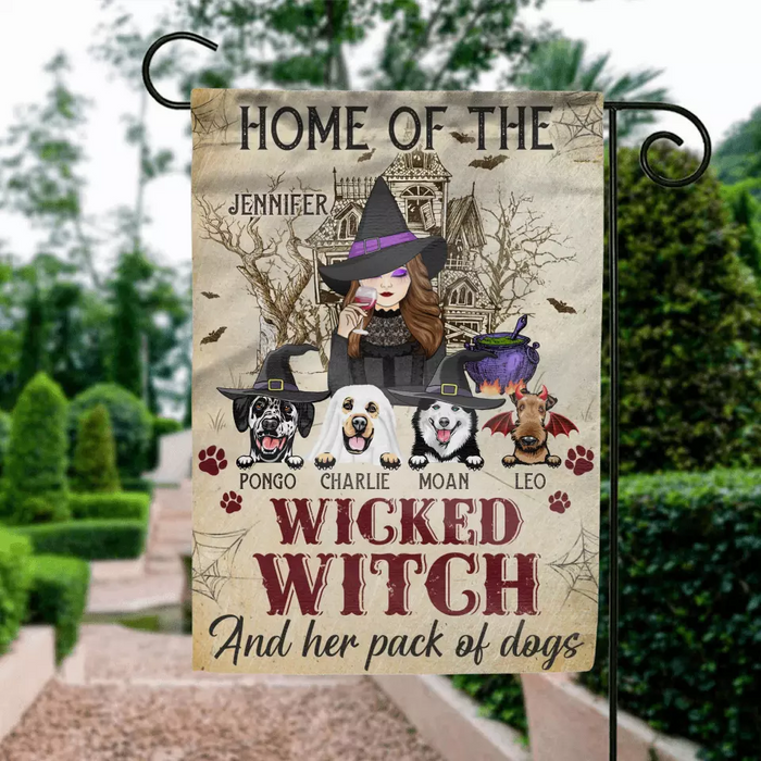 Custom Personalized Witch Dog Flag Sign - Home Of The Wicked Witch And Her Pack Of Dogs - Halloween Gift Idea For Family/ Witch/ Dog Lovers With Upto 4 Dogs