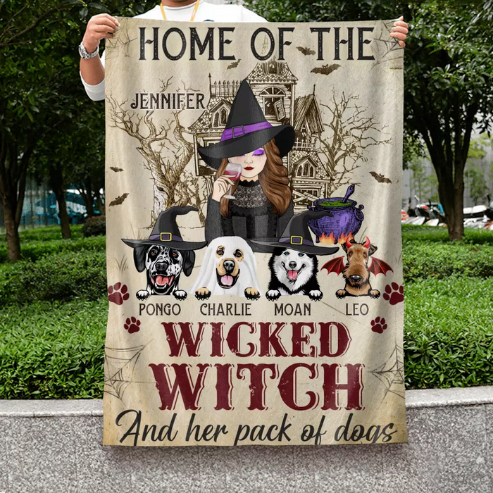 Custom Personalized Witch Dog Flag Sign - Home Of The Wicked Witch And Her Pack Of Dogs - Halloween Gift Idea For Family/ Witch/ Dog Lovers With Upto 4 Dogs