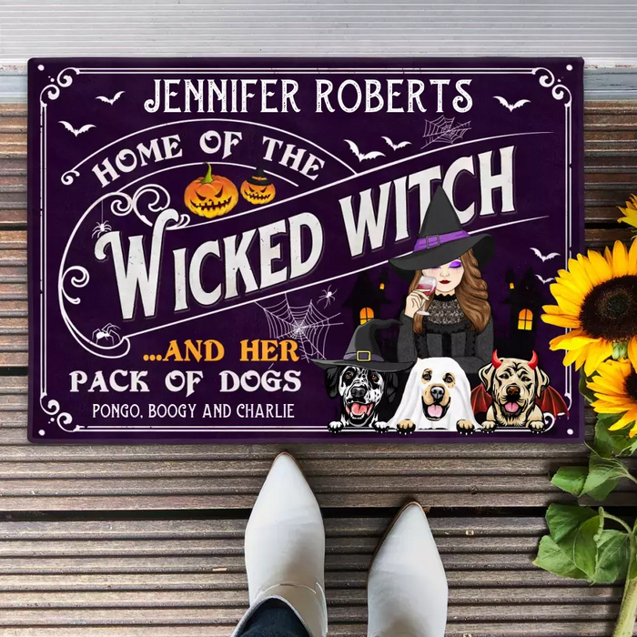 Custom Personalized Witch Dog Doormat - Gift Idea For Witch/ Halloween/ Dog Lovers With Up To 3 Dogs - Home Of The Wicked Witch And Her Pack Of Dogs