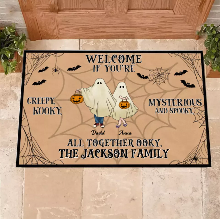 Custom Personalized Family Doormat - Halloween Gift Idea For Couple/ Family/ Pet Lover - Couple/ Parents With Up to 5 Kids And 3 Pets - Welcome If You're Creepy, Kooky