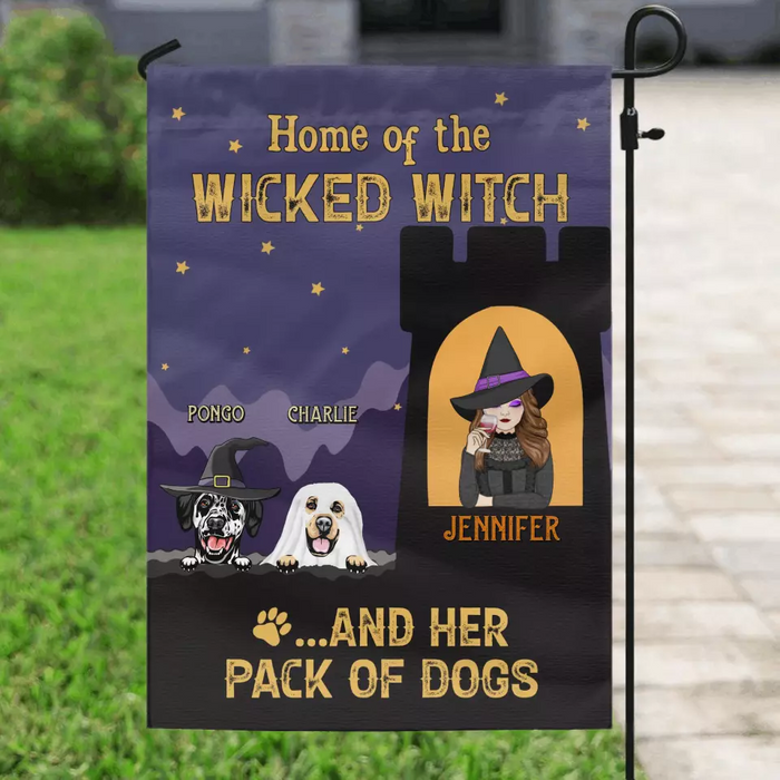 Custom Personalized Witch Dog Flag Sign - Halloween Gift Idea For Family/ Dog Lover - Upto 4 Dogs - Home Of The Wicked Witch And Her Pack Of Dogs