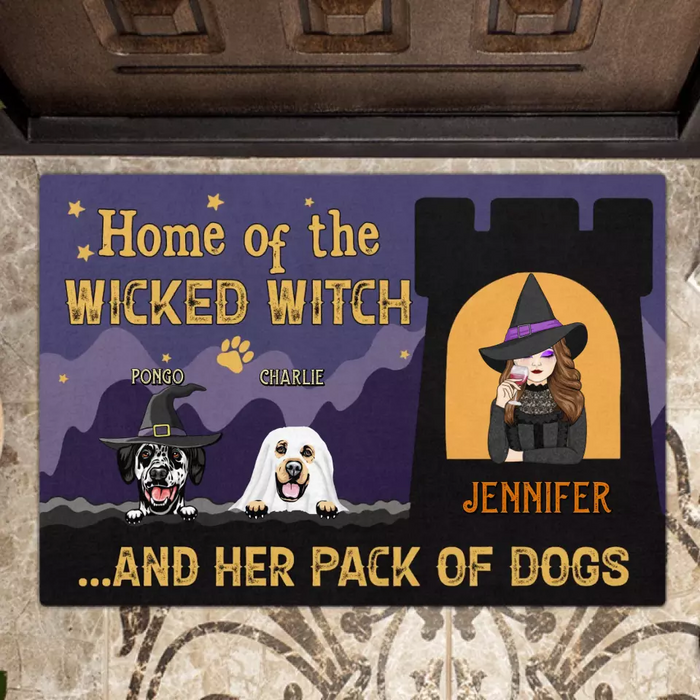 Custom Personalized Witch Dog Doormat - Halloween Gift Idea For Family/ Dog Lover - Upto 7 Dogs - Home Of The Wicked Witch And Her Pack Of Dogs