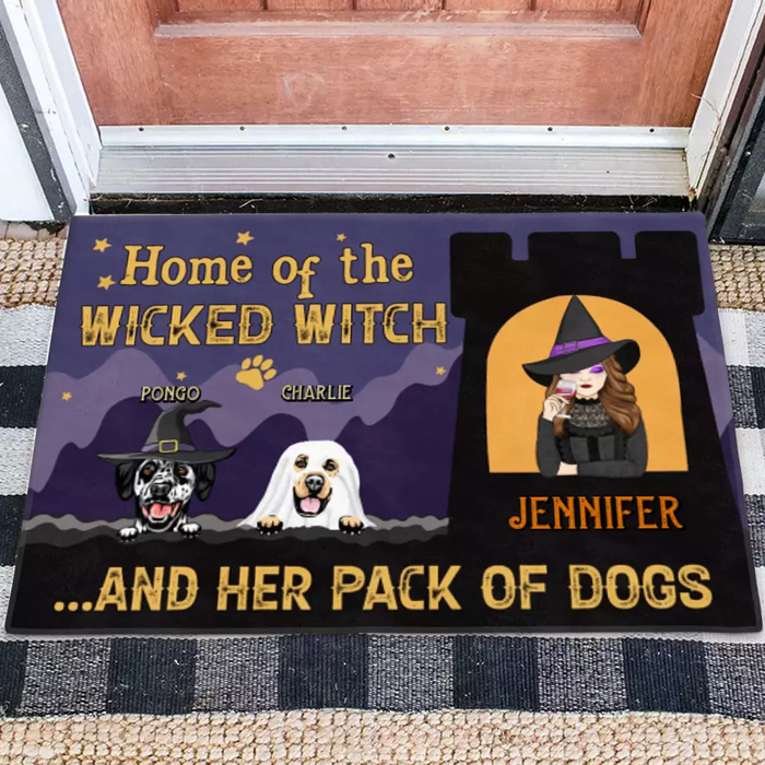 Custom Personalized Witch Dog Doormat - Halloween Gift Idea For Family/ Dog Lover - Upto 7 Dogs - Home Of The Wicked Witch And Her Pack Of Dogs