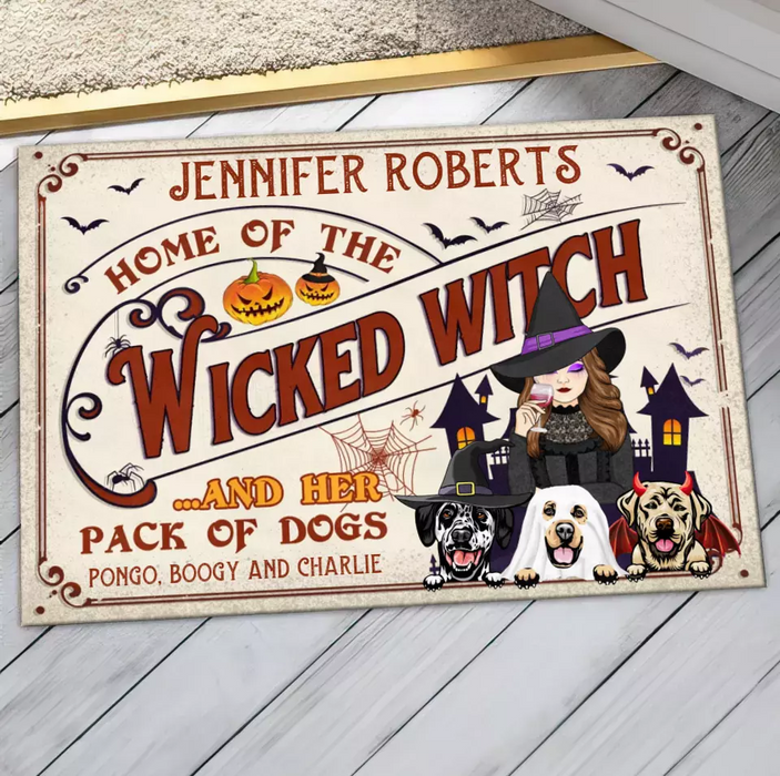 Custom Personalized Witch Dog Doormat - Halloween Gift Idea For Witch/ Dog Lovers With Up To 3 Dogs - Home Of The Wicked Witch And Her Pack Of Dogs