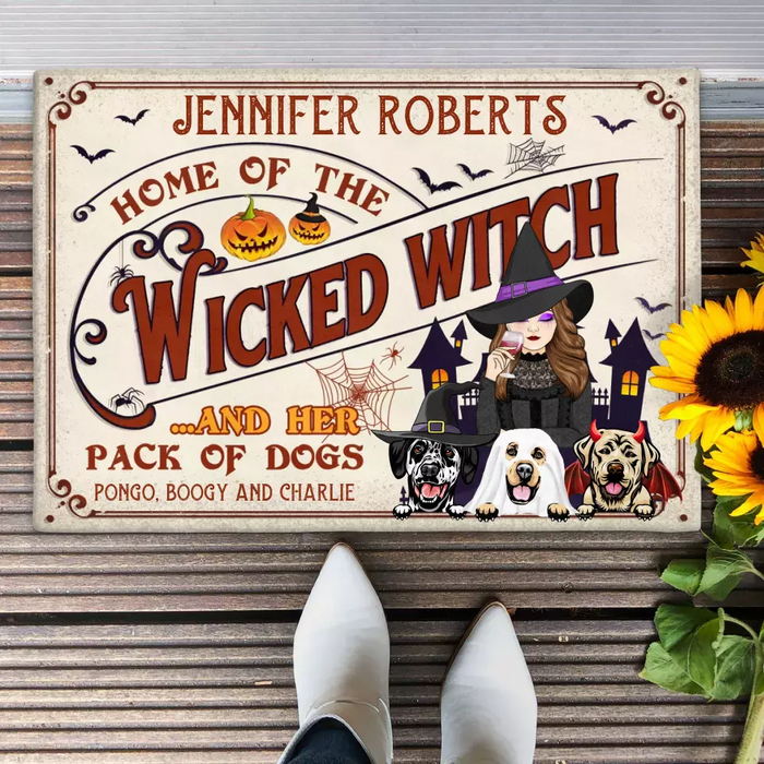 Custom Personalized Witch Dog Doormat - Halloween Gift Idea For Witch/ Dog Lovers With Up To 3 Dogs - Home Of The Wicked Witch And Her Pack Of Dogs