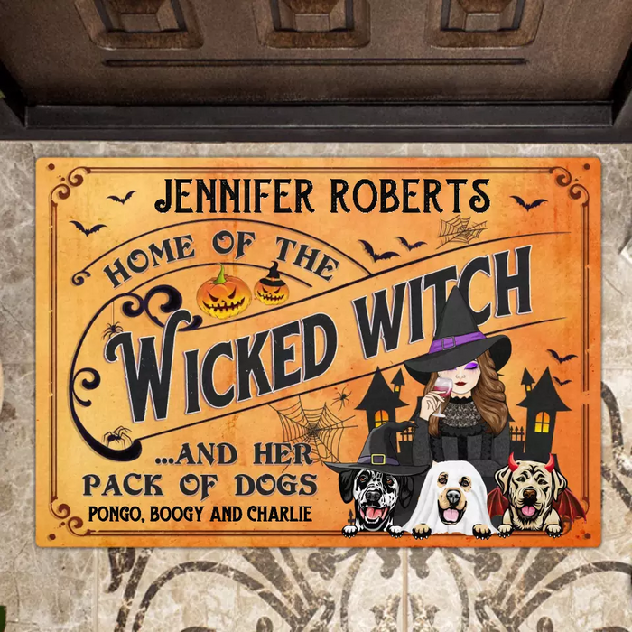 Custom Personalized Wicked Witch Dog Doormat - Halloween Gift Idea For Witch/ Dog Lovers With Up To 3 Dogs - Home Of The Wicked Witch And Her Pack Of Dogs