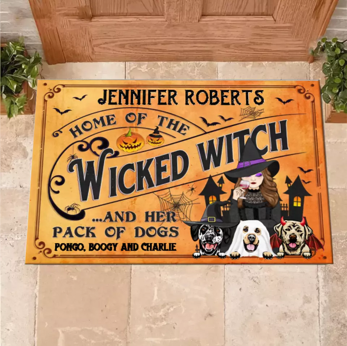 Custom Personalized Wicked Witch Dog Doormat - Halloween Gift Idea For Witch/ Dog Lovers With Up To 3 Dogs - Home Of The Wicked Witch And Her Pack Of Dogs