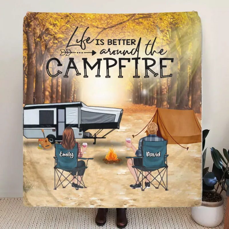 Personalized Autumn Camping Quilt/Fleece Throw Blanket - Couple/Parents With Up to 3 Kids And 4 Pets - Gift For Camping Lovers - Life Is Better Around The Campfire
