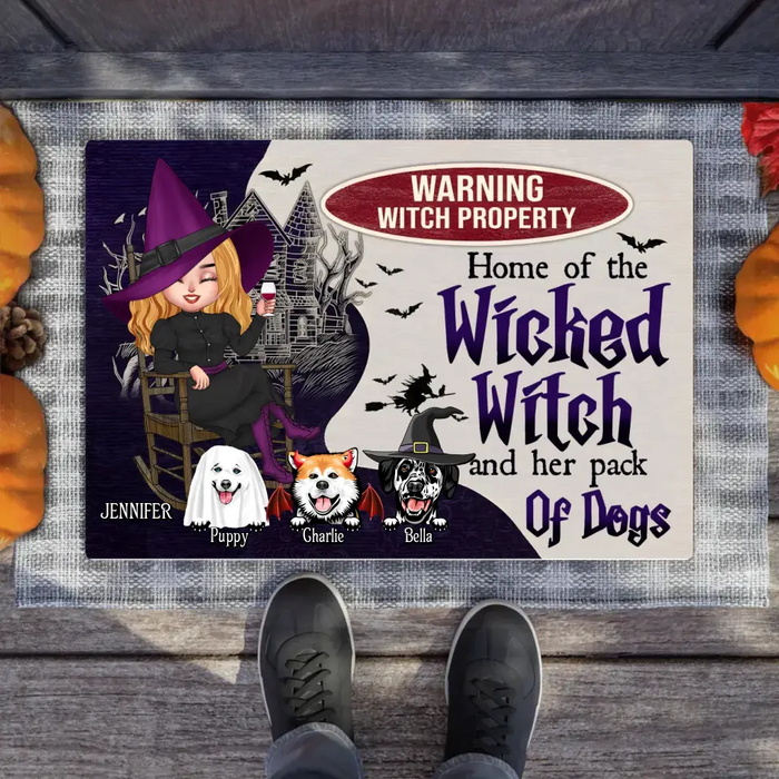 Custom Personalized Warrning Witch Property Doormat - Halloween Gift Idea For Witch/ Dog Lovers With Up To 3 Dogs -  Home Of The Wicked Witch And Her Pack Of Dogs