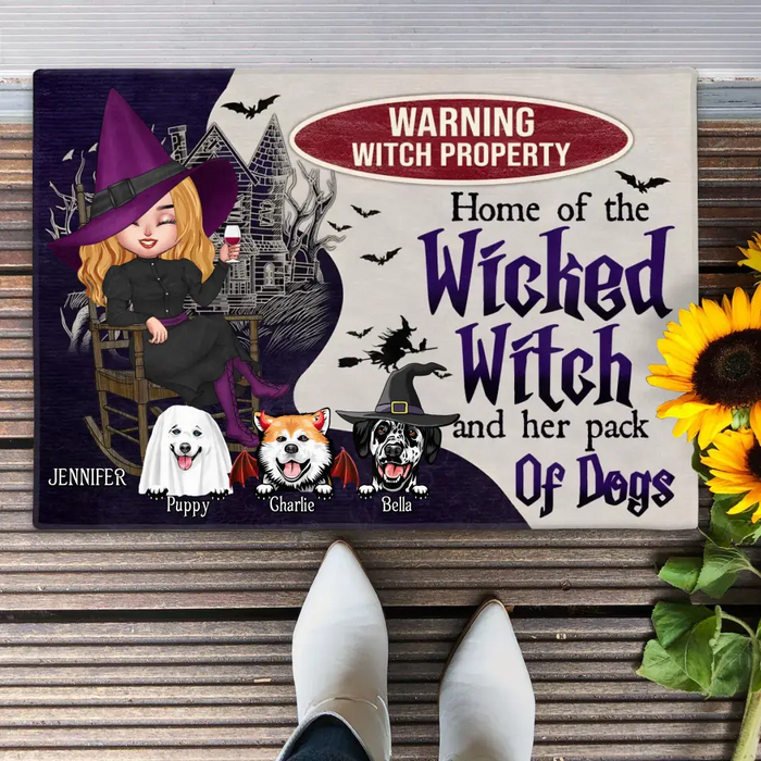 Custom Personalized Warrning Witch Property Doormat - Halloween Gift Idea For Witch/ Dog Lovers With Up To 3 Dogs -  Home Of The Wicked Witch And Her Pack Of Dogs