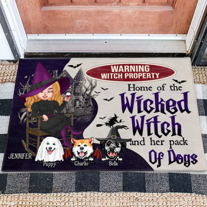 Custom Personalized Warrning Witch Property Doormat - Halloween Gift Idea For Witch/ Dog Lovers With Up To 3 Dogs -  Home Of The Wicked Witch And Her Pack Of Dogs