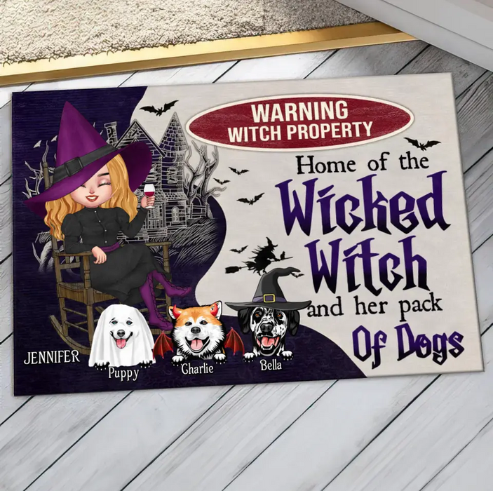 Custom Personalized Warrning Witch Property Doormat - Halloween Gift Idea For Witch/ Dog Lovers With Up To 3 Dogs -  Home Of The Wicked Witch And Her Pack Of Dogs