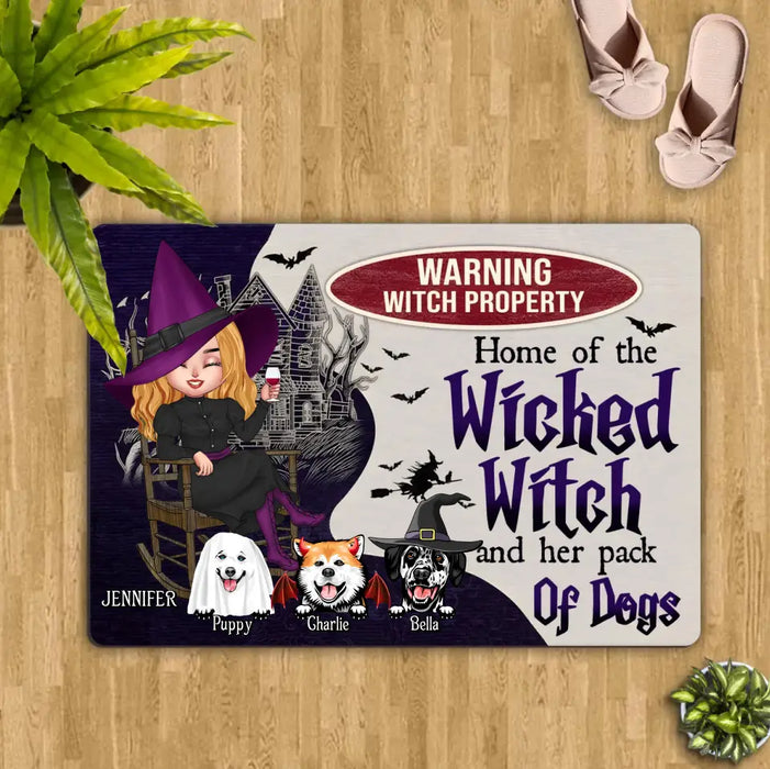 Custom Personalized Warrning Witch Property Doormat - Halloween Gift Idea For Witch/ Dog Lovers With Up To 3 Dogs -  Home Of The Wicked Witch And Her Pack Of Dogs