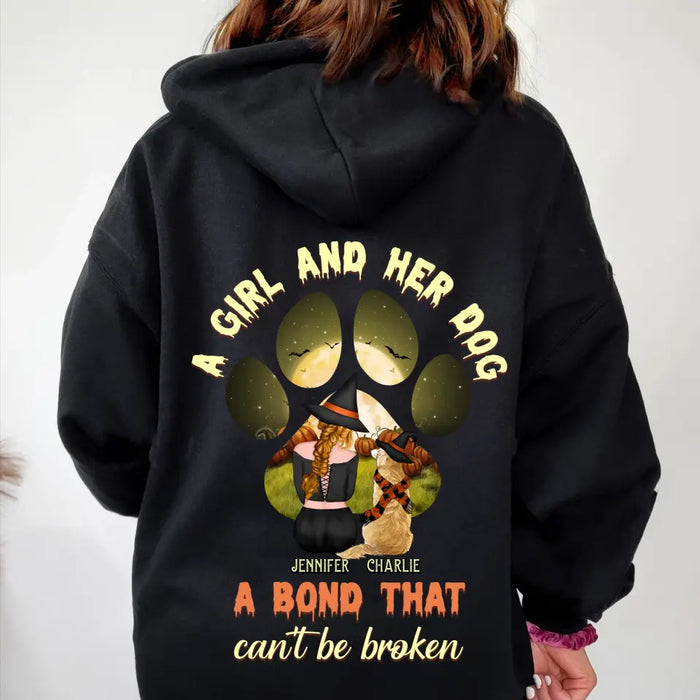 Custom Personalized Witch Dog T-shirt/ Hoodie - Woman With Upto 4 Dogs - Halloween Gift Idea For Dogs Lover - A Girl And Her Dog A Bond That Can't Be Broken