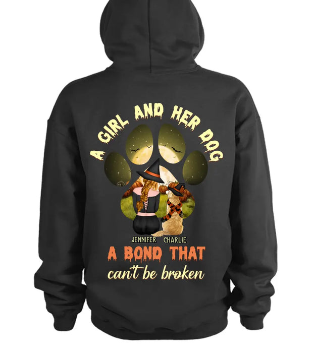 Custom Personalized Witch Dog T-shirt/ Hoodie - Woman With Upto 4 Dogs - Halloween Gift Idea For Dogs Lover - A Girl And Her Dog A Bond That Can't Be Broken