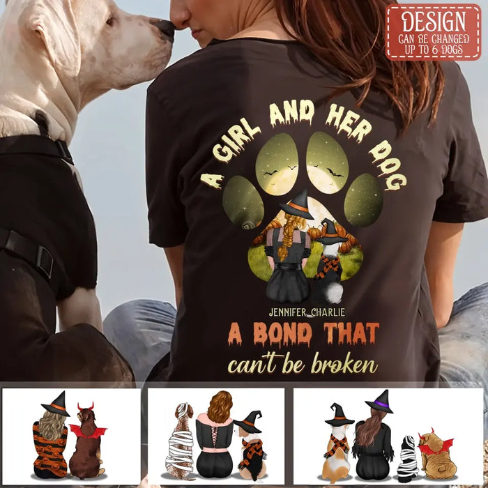 Custom Personalized Witch Dog T-shirt/ Hoodie - Woman With Upto 4 Dogs - Halloween Gift Idea For Dogs Lover - A Girl And Her Dog A Bond That Can't Be Broken