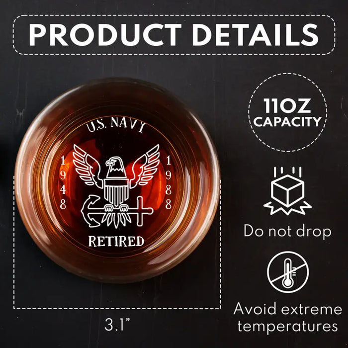 Personalized Retired Veteran Engraved Whiskey Glass - Gift Idea For Veteran/Father