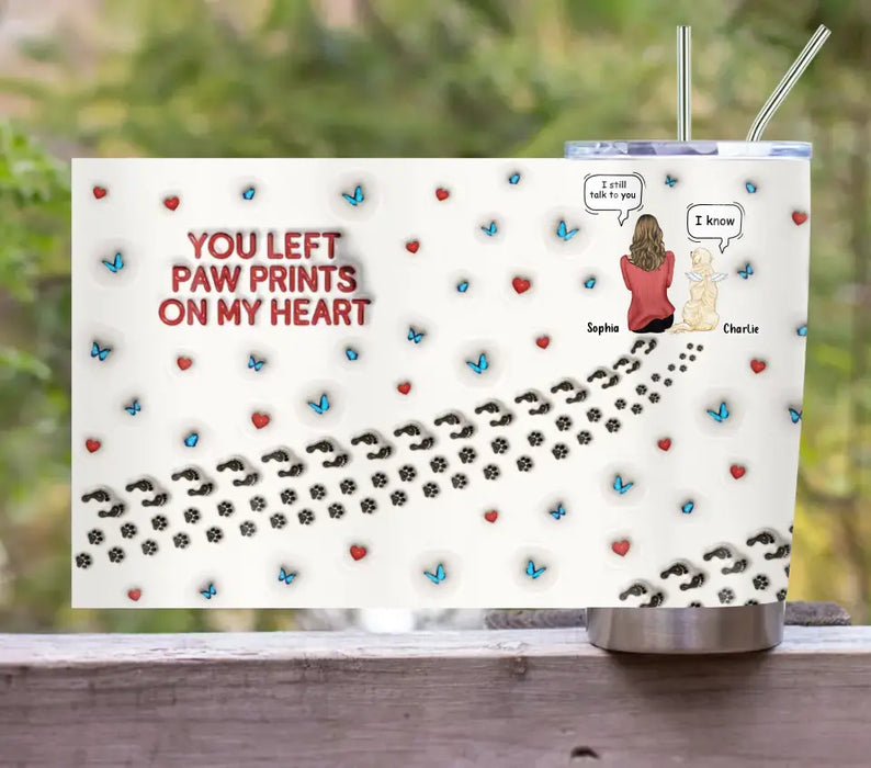 Personalized Dog Mom Tumbler - Memorial Gift Idea For Dog/Cat/Rabbit Lover - Up to 4 Pets - You Left Paw Prints On My Heart