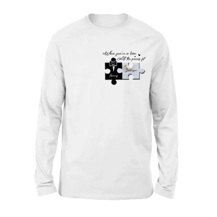 Custom Personalized Couple Puzzle Shirt/ Hoodie - Anniversary/ Wedding Gift Idea For Couple - When You're In Love All The Pieces Fit