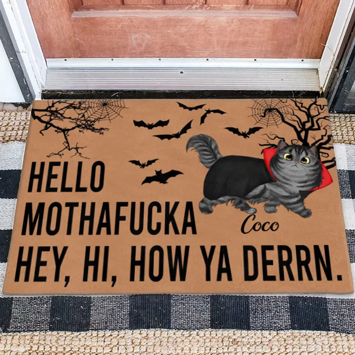 Custom Personalized Cat Doormat - Halloween Gift Idea For Cat Lover - Upto 5 Cats - Hello Mothafucka