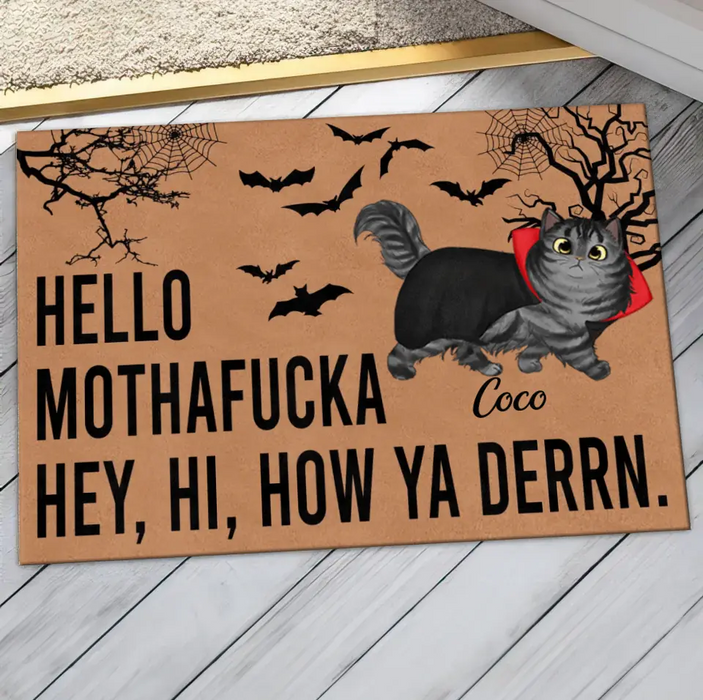 Custom Personalized Cat Doormat - Halloween Gift Idea For Cat Lover - Upto 5 Cats - Hello Mothafucka