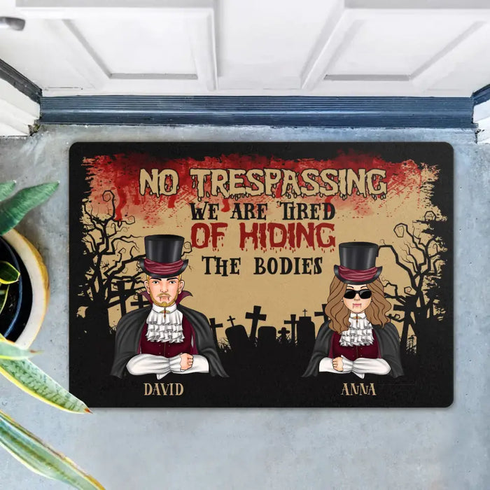 Custom Personalized Halloween Couple Doormat - Halloween Gift Idea For Couple/ Family With Upto 2 Kids - No Trespassing We Are Tired of Hiding the Bodies