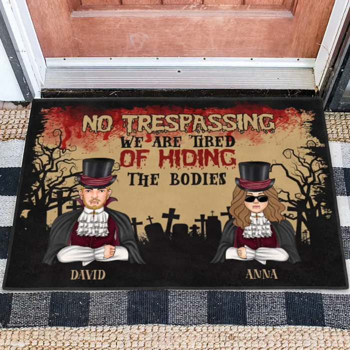 Custom Personalized Halloween Couple Doormat - Halloween Gift Idea For Couple/ Family With Upto 2 Kids - No Trespassing We Are Tired of Hiding the Bodies