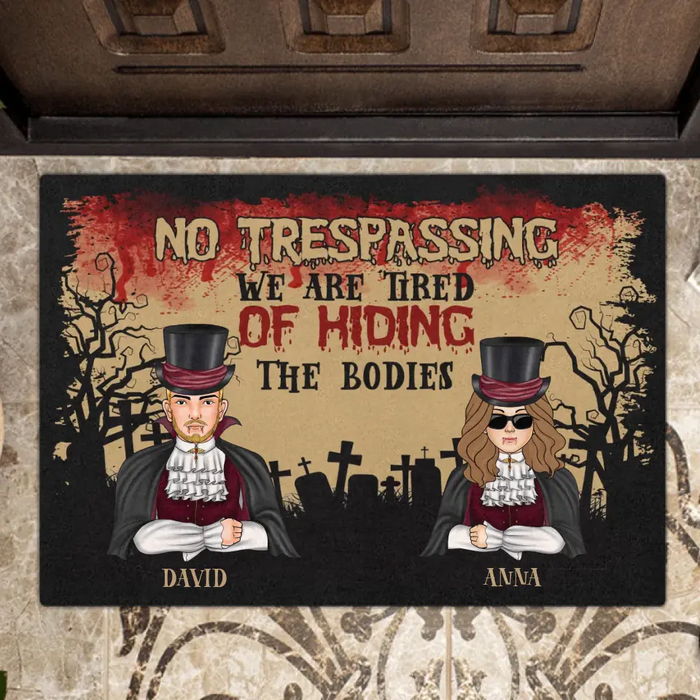 Custom Personalized Halloween Couple Doormat - Halloween Gift Idea For Couple/ Family With Upto 2 Kids - No Trespassing We Are Tired of Hiding the Bodies