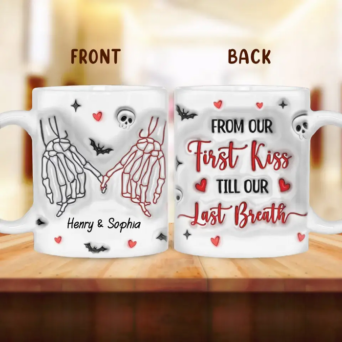 Custom Personalized Skull Couple Coffee Mug - Halloween Gift Idea For Couple - From Our First Kiss Till Our Last Breath