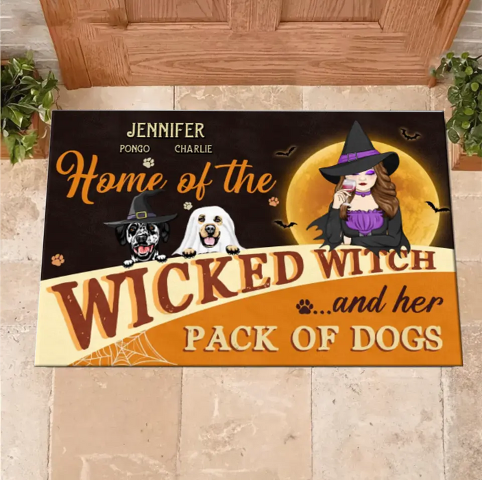 Custom Personalized Halloween Witch Dog Doormat - Gift Idea For Family/ Pet Lover - Upto 7 Dogs - Home Of The Wicked Witch And Her Pack Of Dogs