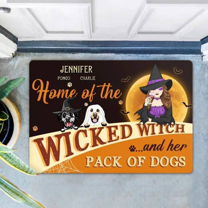 Custom Personalized Halloween Witch Dog Doormat - Gift Idea For Family/ Pet Lover - Upto 7 Dogs - Home Of The Wicked Witch And Her Pack Of Dogs