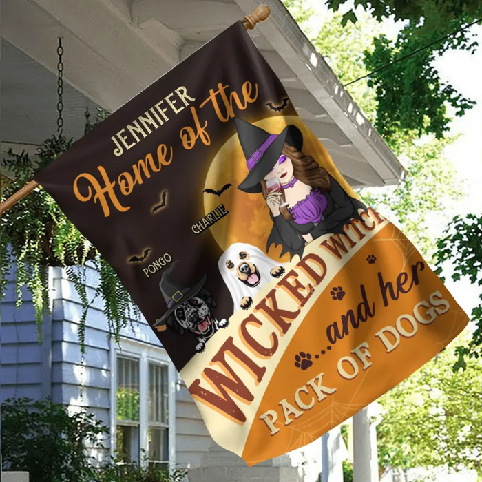 Custom Personalized Halloween Witch Dog Flag Sign - Gift Idea For Family/ Pet Lover - Upto 5 Dogs - Home Of The Wicked Witch And Her Pack Of Dogs