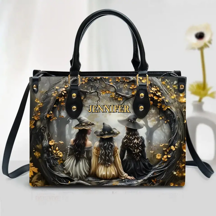 Custom Personalized Witches In Enchanted Forest PU Leather Handbag with Long Straps - Halloween Gift Idea For Woman/ Witch/ Friend