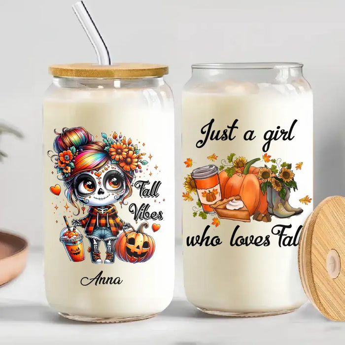 Personalized Fall Vibes Transparent Glass Tumbler With Straw - Gift Idea For Yourself, Women, Fall Lovers - Just A Girl Who Loves Fall